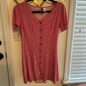 Red and white flowered mini dress with button detailing